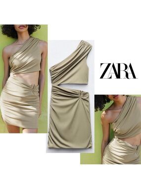 Zara khaki green draped ruched one shoulder asymmetrical cut-out mini dress XL